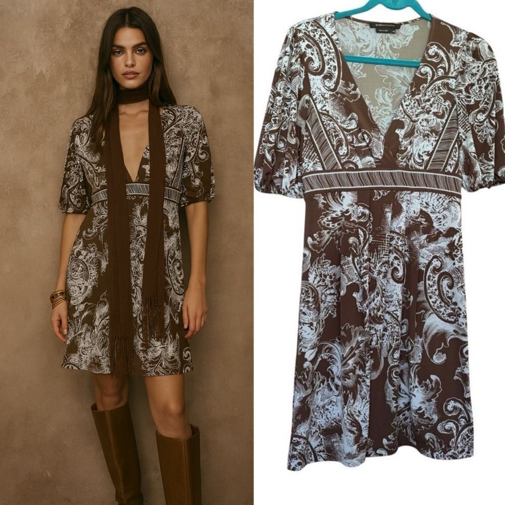 BCBGMaxazria Brown Blue Paisley Print Empire Waist Babydoll Fairy Dress Size XS